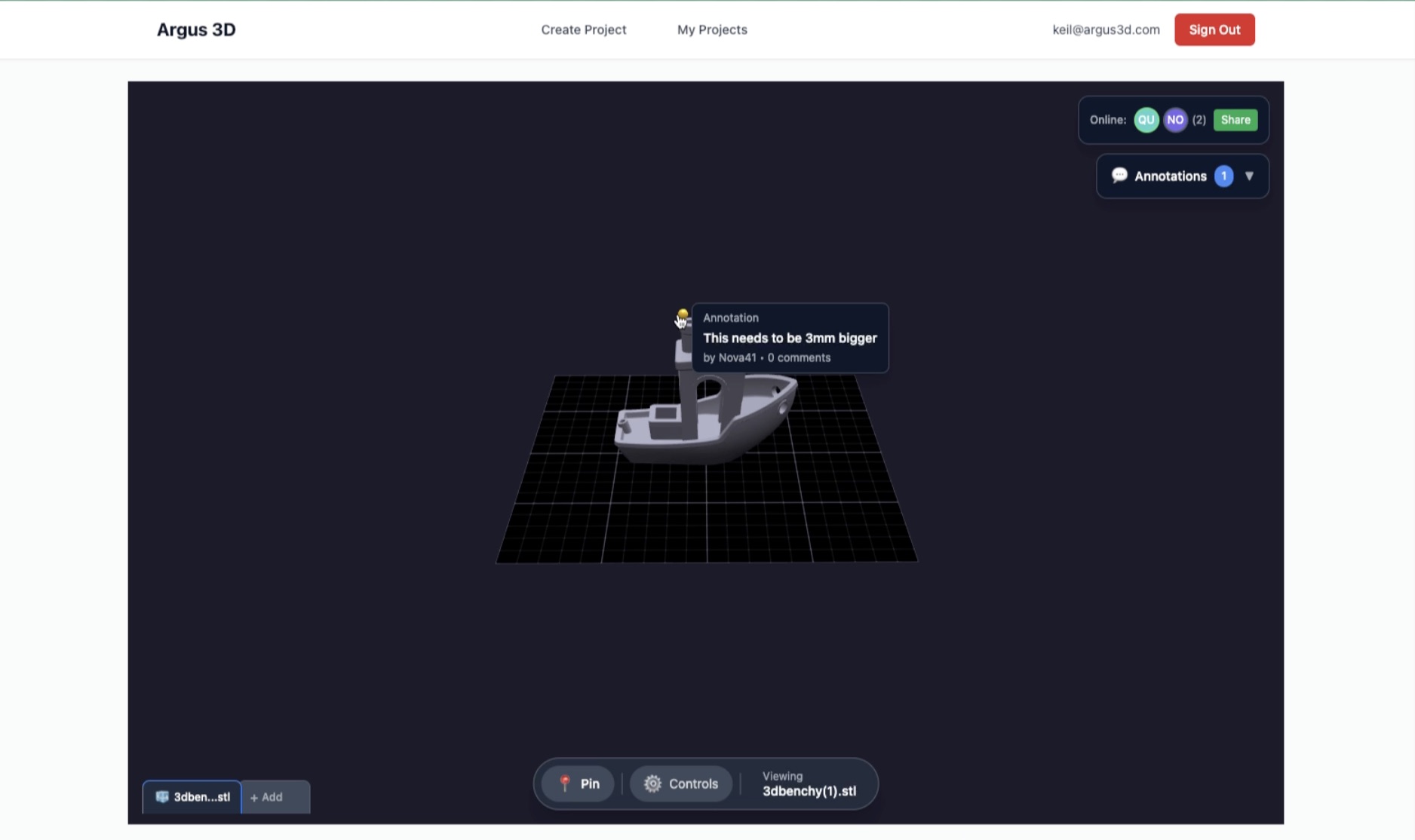 3D model with precise pinned annotations and real-time sync